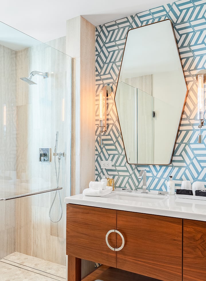 Villa Marronti Bathroom with Decorative Tile and Custom Vanity