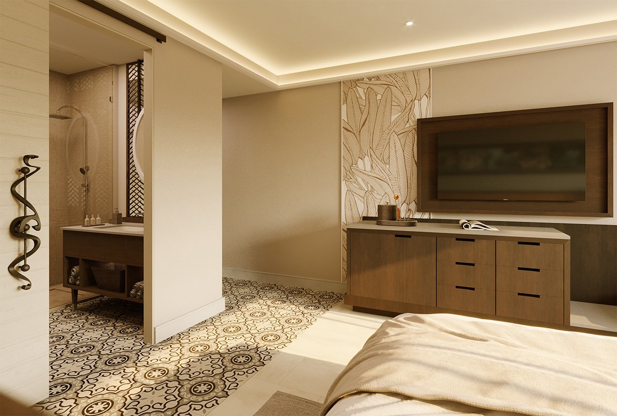Bathroom and TV at Habitation Jouissant