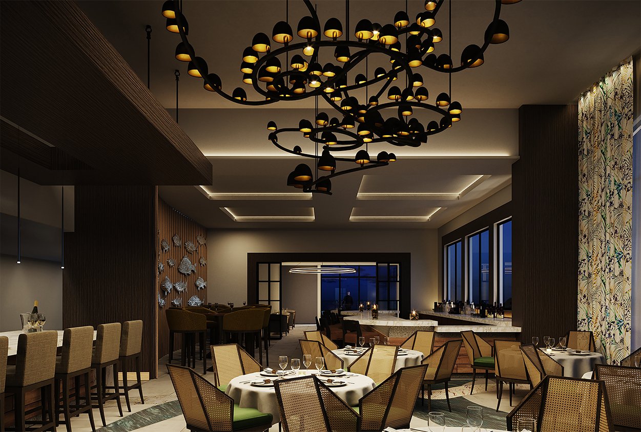 Dining area with chandeliers at Habitation Jouissant