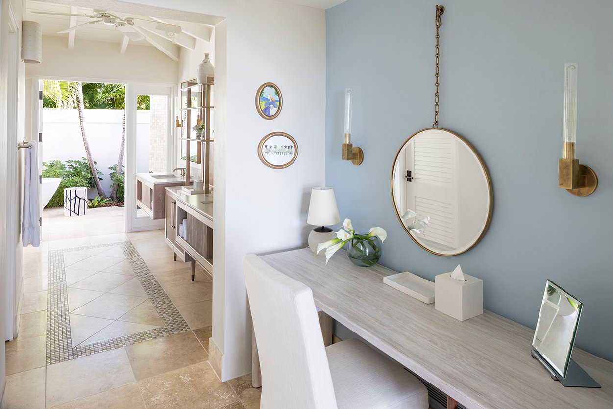 Jumby Bay Pond Bay Suite Dressing Vanity with View to Ensuite Bathroom and Outdoor Tub and Shower