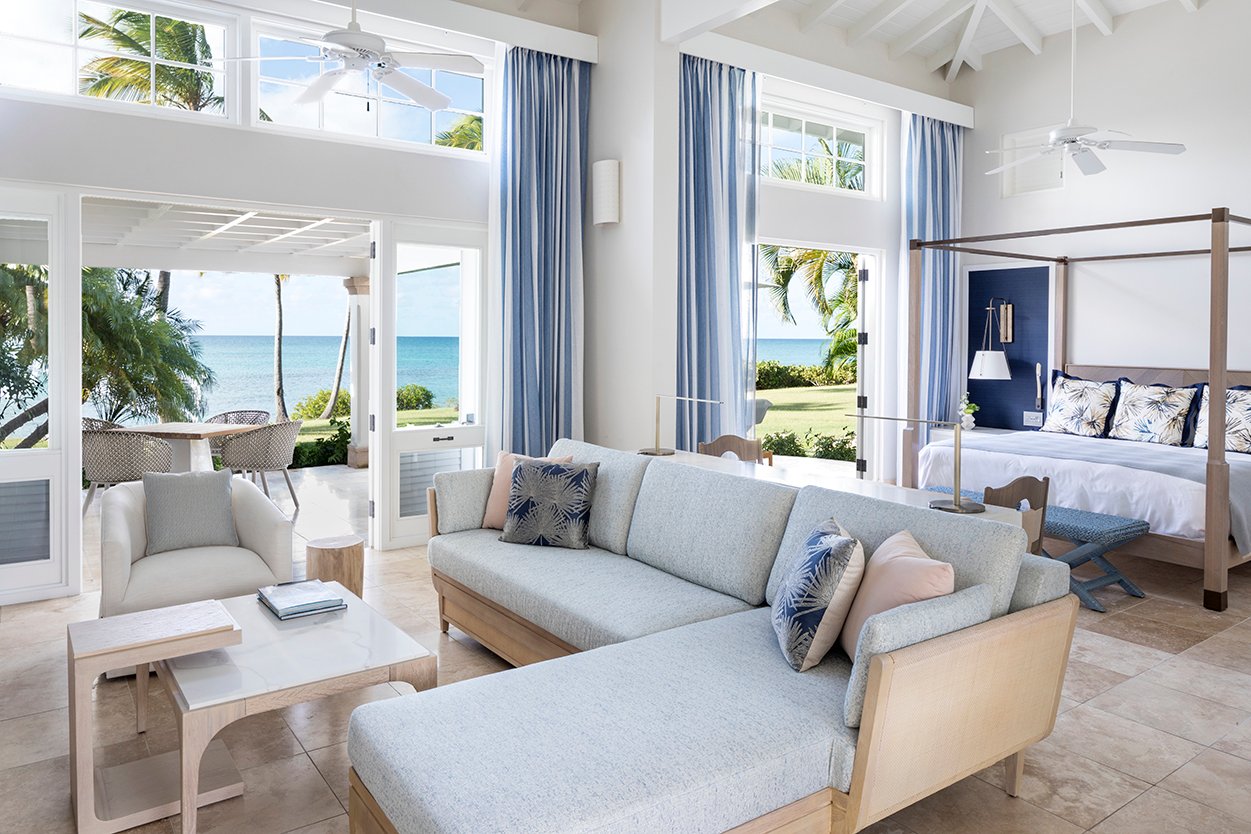 Jumby Bay Pond Bay Suite Living Room Bedroom and view of the Sea