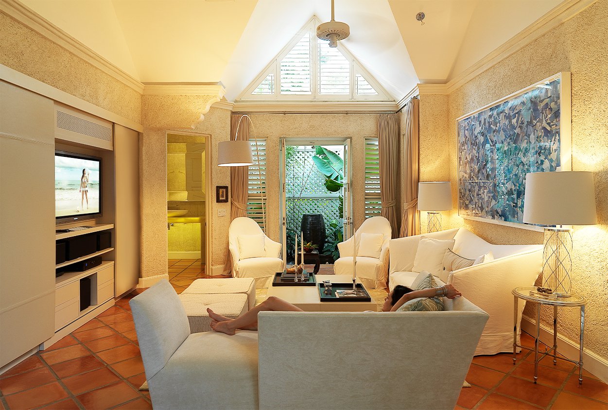 Private seating area with TV at Roaring Pavilion, Jamaica
