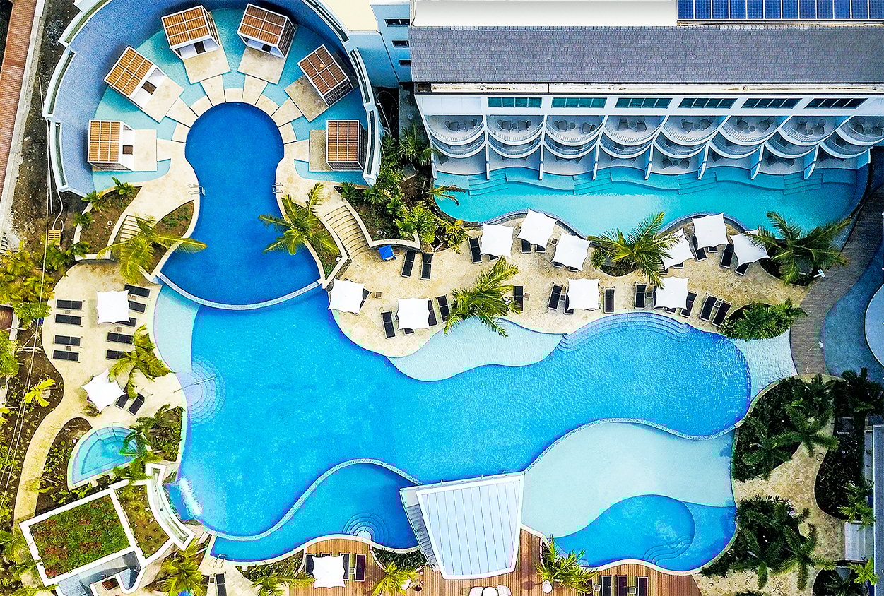 Overhead view of the pools at The Harbor Club