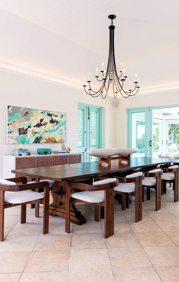 Jumby Bay Evangeline Dining Table and Chandelier
